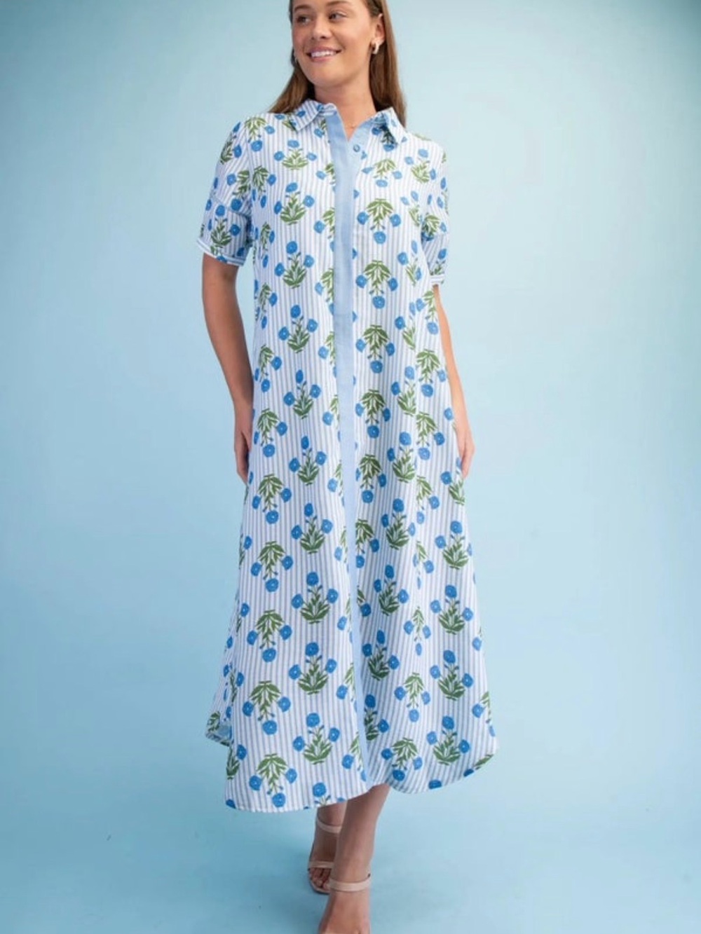 Umgee Blue and Green Floral Stripe Midi Shirt Dress